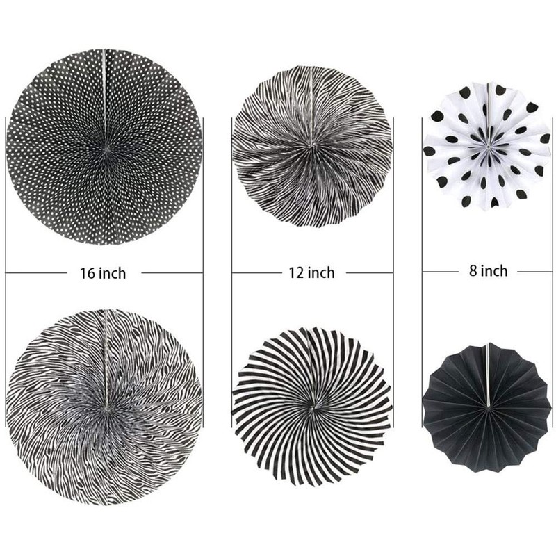 ブラック ペーパーファン 紙扇フラワー 吊り飾 ラウンド ファン装飾キット 6個セット 誕生日 結婚式 卒業式