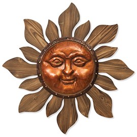 Premium LARGE 27" Beautiful Garden Sun Face Outdoor Patio Wall Hanging with Copper Face (27" Metal Face and Wood Rays)