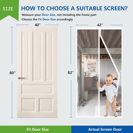 White Magnetic Screen Door - Fit Door Size 40x80 Inch, Screen Size 42x82 Inch - Heavy Duty Mesh Full Frame With Magic Tape
