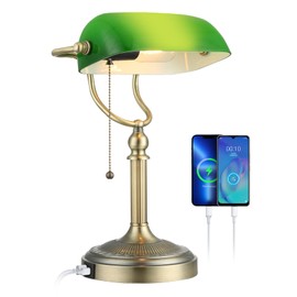 Newrays Green Glass Bankers Desk Lamp with Pull Chain Switch Plug in Fixture,USB Fast Charging Port