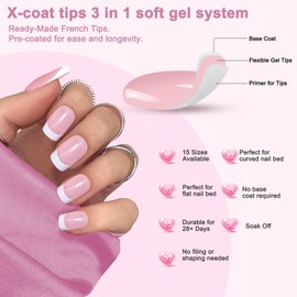 French Gel Nail Tips, 150pcs Medium Coffin Press on Soft Gel Fake Nails, 3 in 1 X-coat Pre-Applied Tip Primer & Base Coat, 15 Sizes for DIY Nail Extension, No Filing Required (HJ-NT087-No.4)