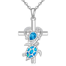 Turtle Necklace for Women 925 Sterling Silver Opal Turtle Pendant Necklace Sea Turtle Necklace with Heart and Cross Design Adjustable Chain Gifts for Beach Lovers