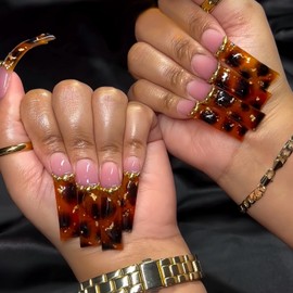 Curved Press on Nails Extra Curve Square Fake Nails Long Curved Press on Nails with Leopard Stell Ball Designs French Tip False Nails Full Cover Acrylic Nails Stick on Nails for Women DIY Manicuare