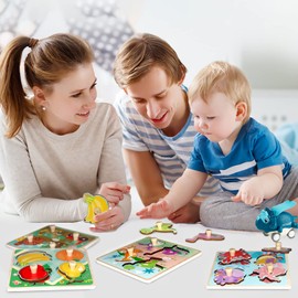 Funsland Wooden Puzzles Jigsaw Toys for 1 Year Old，4 Pcs Toddler Peg Puzzles Toys, Baby Wooden Montessori Toys, Infant Kid Fine Motor Skill Learning Educational Toys Gifts for 1 2 3 Years Old