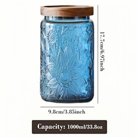 ANSQU Set of 2 Vintage Blue Glass Storage Jars with Wood Lids, 34oz Kitchen Canisters for Coffee, Sugar, Cookies, Candy – Decorative Pantry Organizers (Blue 2, 34 Ounces)