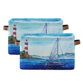 AUUXVA - Cesta de almacenamiento de acuarela, faro de mar, velero, caja de cubeta de almacenamiento, lona duradera, plegable, cesta organizadora de juguetes con asas para estantería, clóset, recámara,