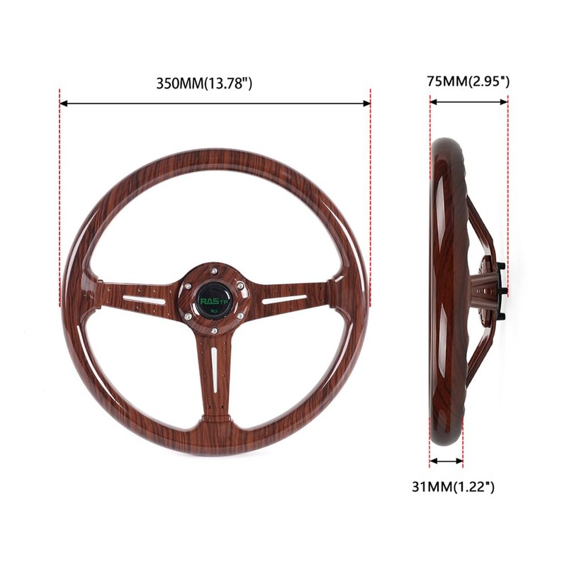 RASTP Walnut Wood Grain Trim Racing Steering Wheel, 13.8''/350MM 6