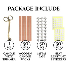151PCS Wicks Candle Making Set – Wooden Candle Wicks with Metal Base for Candle Making Smokeless Wood Wicks for Candles with Candle Wick Trimmer and Stickers (Gold)