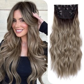 Chocolate Brown Mixed Ash Blonde 4PCS Hair Extensions Clip in Synthetic Highlight Hair Extensions Long Wavy 20 Inch Thick Natural & Soft Hairpieces Full Head Hairpiece for Women