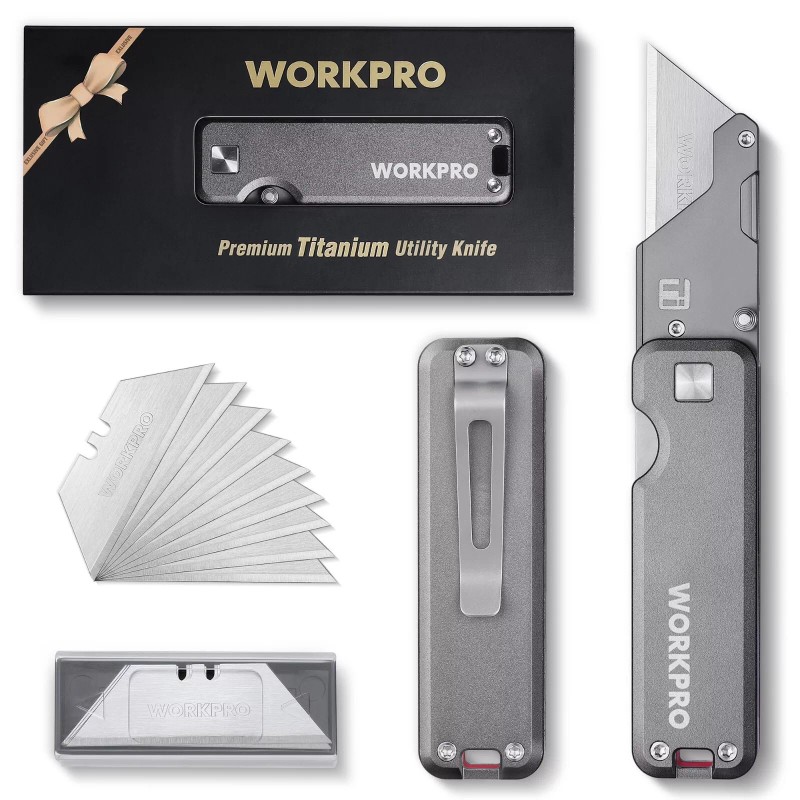 WORKPRO Premium Titanium Utility Knife CNC Unibody w/10 Extra Blades