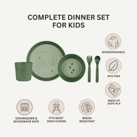 Citron Green Kids Plates and Bowls Sets with Cup, Fork & Spoon – BPA-Free & Planet-Friendly Kids Dinner Set – Shatterproof & Lightweight Childrens Sets of Tableware – Dishwasher-Safe, Reusable