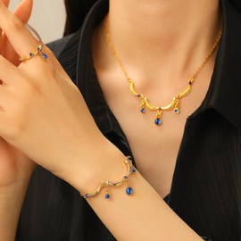 Xeyau Crystal Necklace Bracelet Ring Set Dainty 14K Gold Plated Necklace Set Bride Wedding Prom Costume Jewelry Set for Women Christmas Valentine (A-Blue)