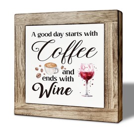 Coffee And Wine Decor Sign, Rustic Wooden Tabletop Decor, A Good Day Starts With Coffee And Ends With Wine Sign For Farmhouse Home Kitchen Bar Shelf Table 5.9×5.9 inch