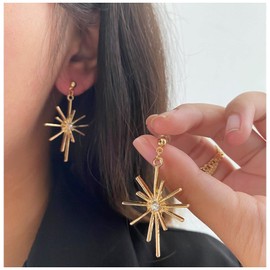 Cimenexe Bohemian Crystal Sunburst Stud Earrings CZ Metal Fireworks Dangle Earrings Gold Starburst Drop Earrings Rhinestone Fireworks Earrings Jewellery for Women and Girls