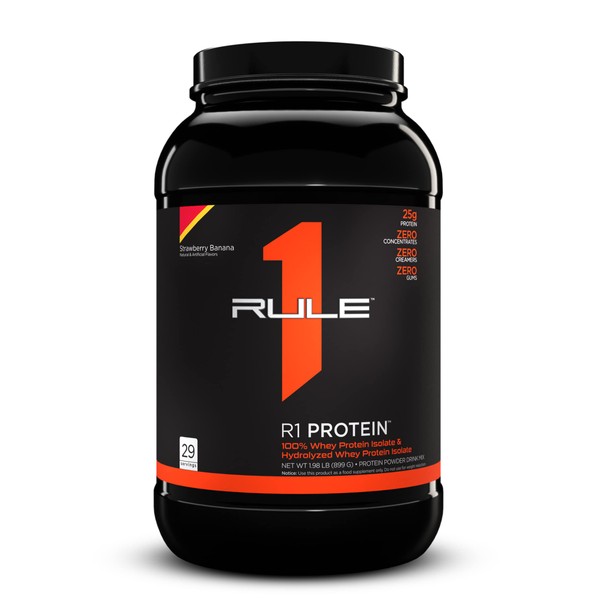 Rule One Proteins, R1 Protein - Strawberry Banana, 25g Fast-Acting, Super-Pure 100% Isolate and Hydrolysate Protein Powder with 6g BCAAs for Muscle Growth and Recovery, 2lbs