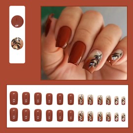 24 Pcs Fall Press on Nails Medium Square Fake Nails Deep Red Gradient False Nails with Leaves Designs Autumn Thanksgiving Red Full Cover Stick on Nails Glossy Acrylic Glue on Nails for Women Girls