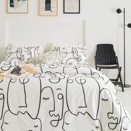 YuHeGuoJi Geometric Face Duvet Cover King 100% Cotton Modern Black White Striped Duvet Cover with Zipper Ties 2 Pillowcases Artistic Abstract Drawing Line Geometric Bedding Set Soft