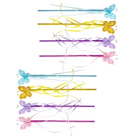 Alipis 8Pcs Butterfly Wands, Fairy Wands with Ribbon Colorful Princess Wands Sticks Butterflies Handheld Wands Dress Up Costume for Girls Party Faovrs