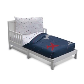 Delta Children 4 Piece Toddler Bedding Set for Boys - Reversible 2-in-1 Comforter - Includes Fitted Comforter to Keep Little Ones Snug, Bottom Sheet, Top Sheet, Pillow Case - Airplane Flight Plan
