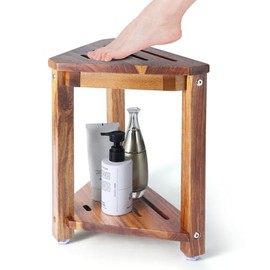 Shower Foot Rest 13.5in, Acacia Wood Shower Stool for Shaving Legs, Small Foot Stool with Storage Shelf, for Inside Small Shower Spaces