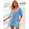 Zeregos Women Swimsuit Cover Up 3/4 Bell Sleeve Boho Bathing