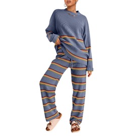 LILLUSORY LILLUSORY 2 Piece Sets for Women 2025 Two Piece Lounge Sets Fall Fashion Oversized Striped Knit Sweaters Outfits Clothes StripesDustyBlue XL