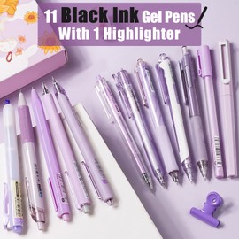 Four Candies Pack of 12 Gel Pens, 11 Gel Pens Black + 1 Pastel Highlighter, Pens Aesthetic Gel Pens Set - Accessories for School & Office (Purple Barrel)