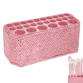 Biiange Makeup Brush Holder, Bling Sequins Makeup Brush Holder, Acrylic 26-Slot Makeup Brush and Pen Organizer, Display Stand for Eyebrow Pencils, Ballpoint Pens, Eyeliners(1Pcs), pink