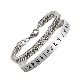 MILAKOO Viking Cuff Bracelets for Men Norse Runes Stainless Steel Retro Bangle with Hip Hop Chains