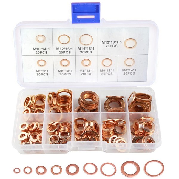 Kimlonton Copper Washer, Copper Ring, Copper Crush, Flat Round Flat Washer, M5, M6, M8, M10, M12, M14, 9 Types, 200 Pieces, Good Airtight Seal O-Ring, Copper Gasket Set