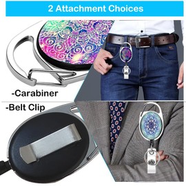 Heavy Duty Retractable Badge Reel with Carabiner Belt Clip Key Ring Cute ID Name Badge Reels for Doctor Nurse 3 Pack (Mandala)