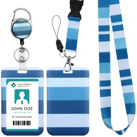 Hianjoo Badge Holder Retractable with Lanyard, ID Card Holder with Belt Clip Carabiner Retractable Reel Neck Lanyard Pull Cord for Students Office Staff, Blue Stripes