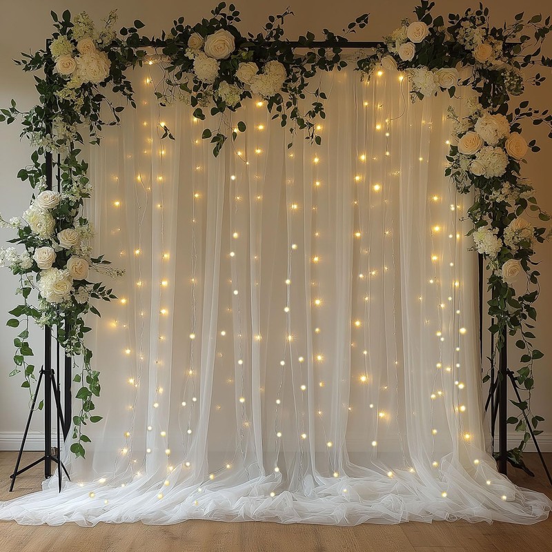 EMHOLDBU White Tulle Backdrop Curtain with Lights String 10x8ft Sheer