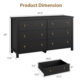 GarveeHome 6 Drawer Dresser for Bedroom, 47'' Wide Dresser, Chest of Drawers, Wooden Dressers Chest with Clothes Storage Cabinet, Drawer Organizer for Bedroom, Living Room, Hallway, Black