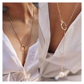 Inilbran Boho Pearl Y Lariat Necklace Gold Pearl Pendant Necklace Vintage Circle Pearl Y Drop Necklace Geometric Circle Necklace Chain Jewellery for Women and Girls