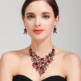 BriLove Wedding Bridal Jewelry Set for Women Crystal Flower Enamel Leaf Cluster Statement Necklace Dangle Earrings Ruby Color Black-Tone