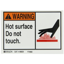 Brady 86828 5" Width x 3-1/2" Height, B-302 High Performance Polyester, Black, Red and Orange on White Machine and Equipment Labels, Header "Warning", Legend "Hot surface Do not touch", Pack of 5