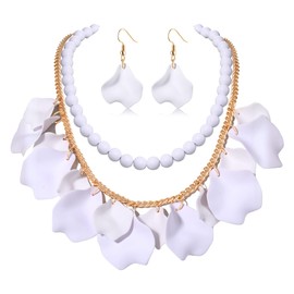 FAERLIIRY Jewelry Set for Women Flower Petal Necklace beaded Necklace Earrings Statement Summer Jewelry Set Chokers Necklaces for Women Boho Pendant Necklace(White)
