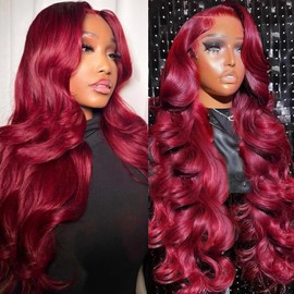 ZGBZGB 99j Burgundy Lace Front Wigs Human Hair 13x4 HD Transparent Body Wave Lace Front Wigs Human Hair Pre Plucked 180% Density Glueless Wine Red Human Hair Wigs for Women (30)