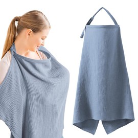 Muslin Nursing Cover for Breastfeeding, Soft&Breathable Cotton Privacy Nursing Covers with Arch Neckline Adjustable Hoop (Blue)