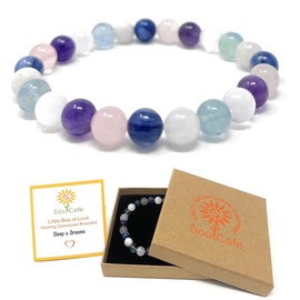 Sleep and Dream Crystal Gemstone Bead Bracelet - Soul Cafe Gift Box and Tag - Blue Kyanite, Aqua Fluorite, Amethyst, Moonstone, Rose Quartz, Selenite