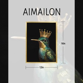 AIMAILON Vintage Gold Canvas Wall Art Framed Decor for Living Room - Hummingbird Birds King Wall Art, Retro Golden Wall Prints of Bird with a Crown, Modern Animal Bird Art Picture Bathroom Decor 12x16