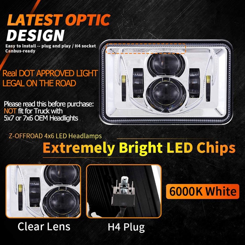 Z-OFFROAD 2pcs 60W 4x6 LED Headlights DOT Approved H4656 H4651
