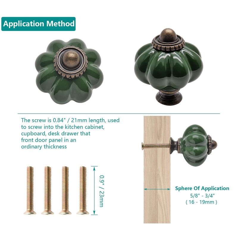Seimneire 4pcs Dark Green Pumpkin Knobs, Vintage Ceramic Cabinet Knobs,