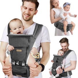 SNOOZYNEST Baby Carrier Newborn to Toddler with Hip Seat, Soft 6-in-1 Ergonomic All Positions Infant Carrier 7-33 Ib with Hood and Multiple Pockets for All Seasion Use for Dad and Mom Dark Grey