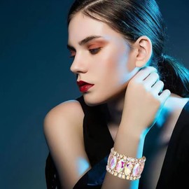 Enrwin Women’s Elegant Wedding Bridal Crystal Double Row Marquise-Shape Leaf Stretch Bangle Bracelet Bride Jewelry for Women (AB Crystal-Gold Plated, Alloy)