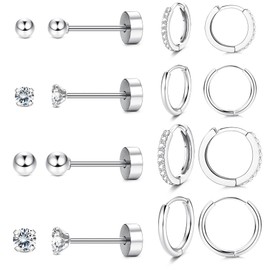 PATISORNA 8 Pairs Stainless Steel Earrings Sets for Women Men Small Huggie Hoop Earrings Flat Back Tiny Ball CZ Stud Earring Cartilage Helix Earrings Inner Diameter 6-12MM,CZ Diameter 2-3MM