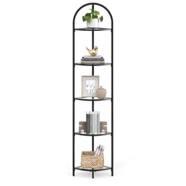 VASAGLE 5-Tier Corner Shelf Stand, Corner Bookshelf, Bathroom Organizer, Plant Stand, Tempered Glass, Steel Frame, Modern Style, for Living Room, Bathroom, Kitchen, Classic Black ULGT810B61