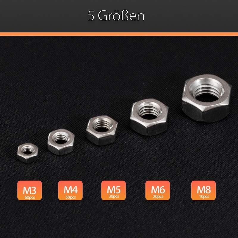 170 Piece Hex Nut Assortment M3 M4 M5 M6 M8