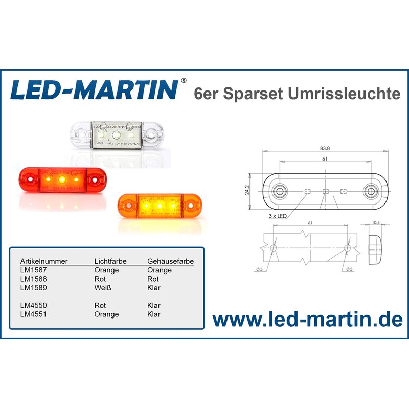 Set of Outline Marker Lamp Red 12 V/24 V Side
